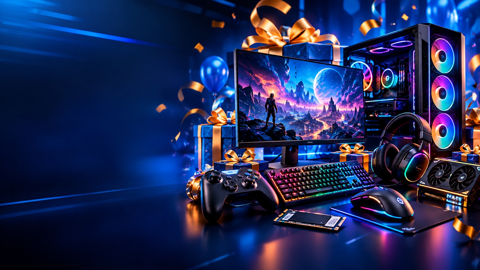 Setup gamer com PC, monitor, headset, teclado, controle e presentes em cenário azul